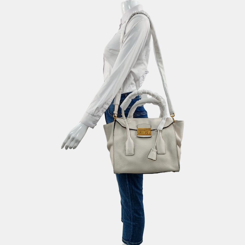 PRADA 白色牛皮單肩包斜挎包手提包 金色五金 可拆卸肩帶 9.8新-1