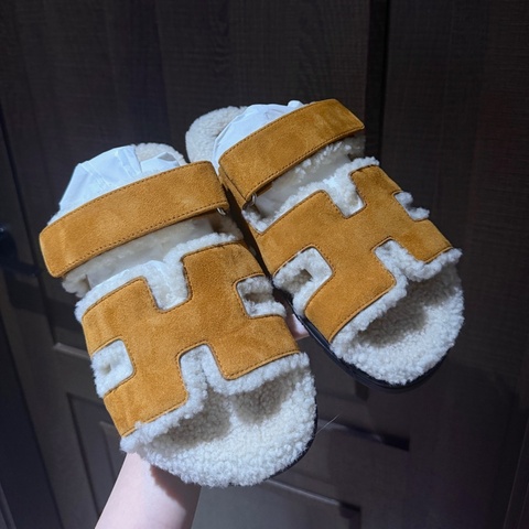 Hermes棕色 毛毛二舅拖鞋