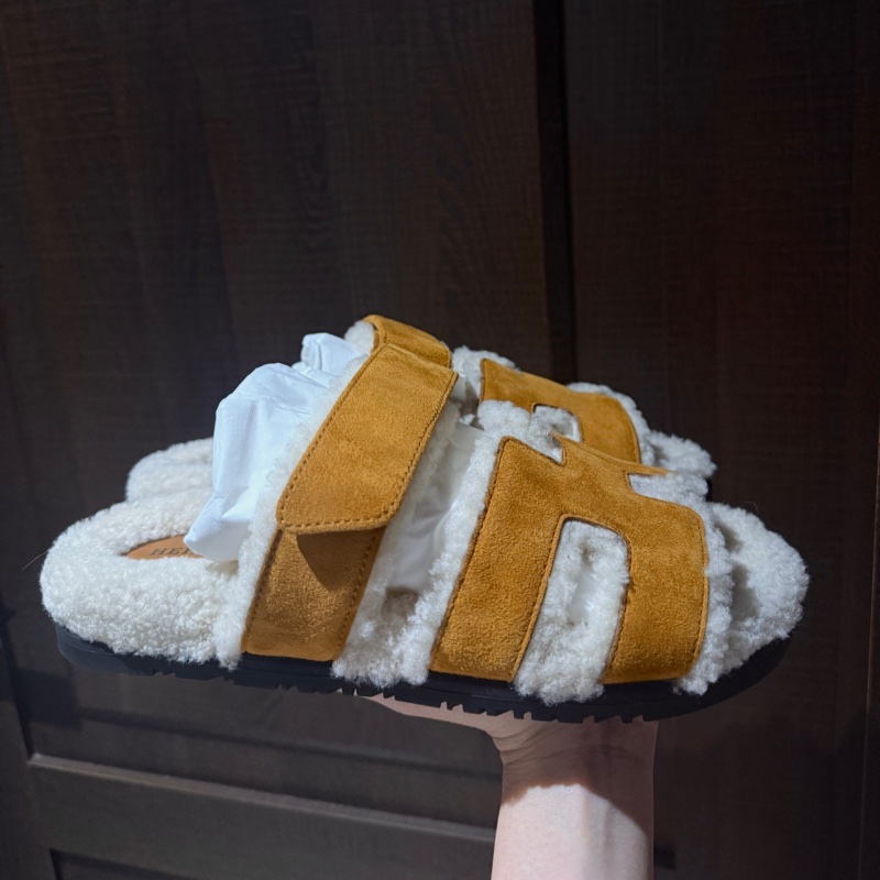 Hermes棕色 毛毛二舅拖鞋-6