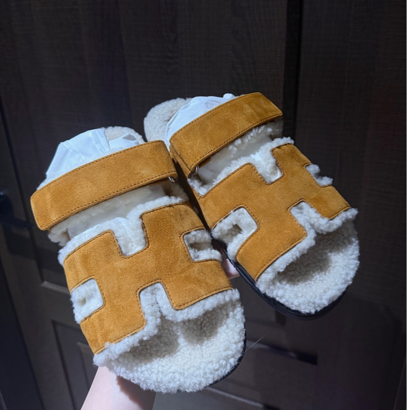 Hermes棕色 毛毛二舅拖鞋-7