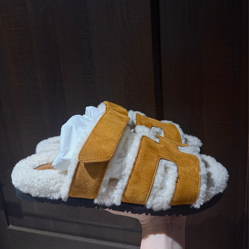 Hermes棕色 毛毛二舅拖鞋-8