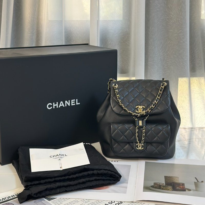 CHANEL Duma牛皮後背包 - 大號黑金-8