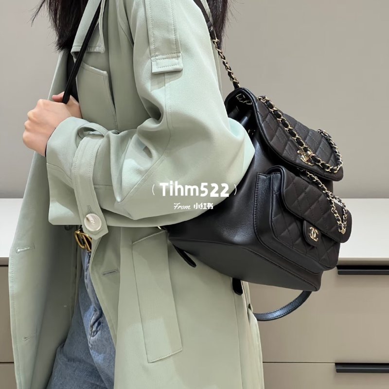 CHANEL Duma牛皮後背包 - 大號黑金-9