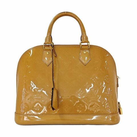 LOUIS VUITTON ALMA小號黃色漆皮老花壓紋貝殼包手提包金色五金