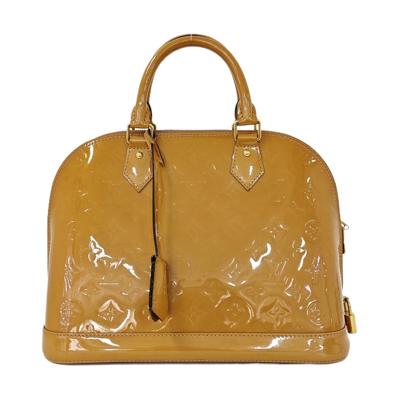 LOUIS VUITTON ALMA小號黃色漆皮老花壓紋貝殼包手提包金色五金-0