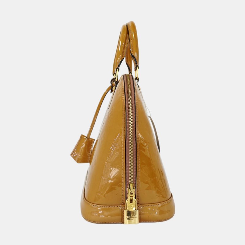 LOUIS VUITTON ALMA小號黃色漆皮老花壓紋貝殼包手提包金色五金-2