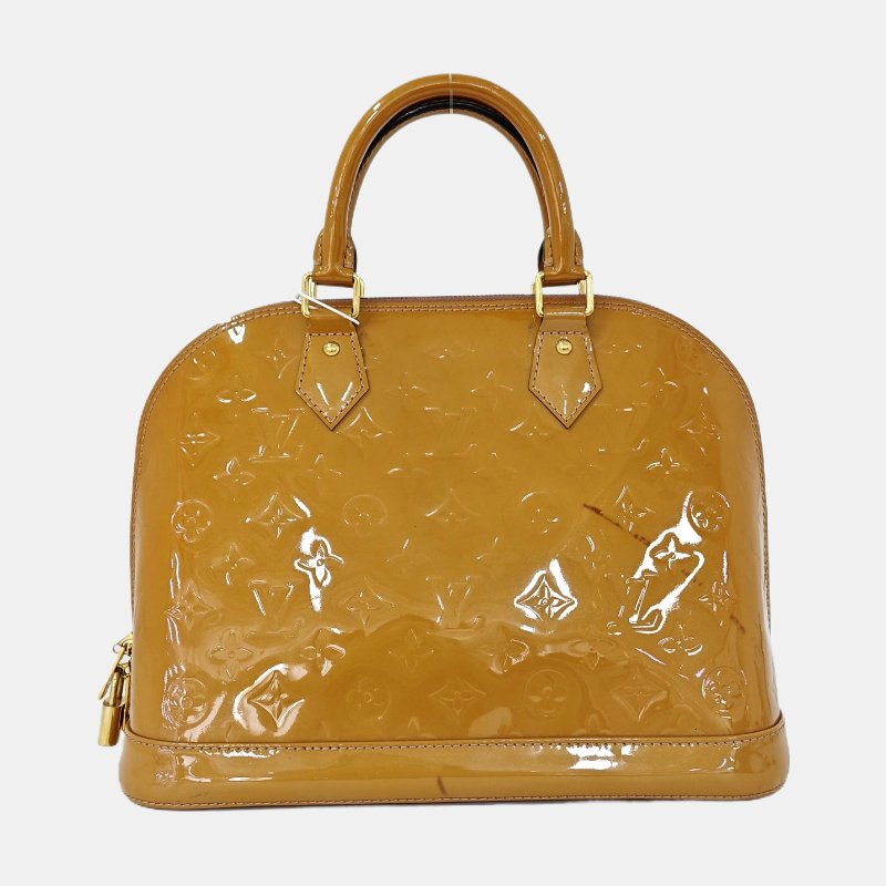 LOUIS VUITTON ALMA小號黃色漆皮老花壓紋貝殼包手提包金色五金-4