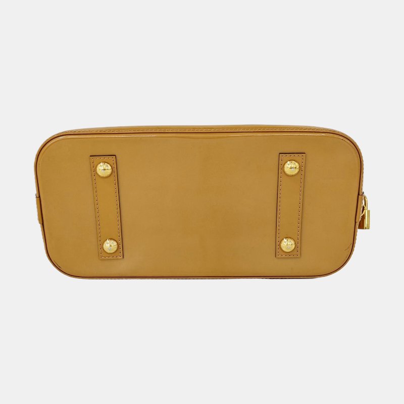 LOUIS VUITTON ALMA小號黃色漆皮老花壓紋貝殼包手提包金色五金-5