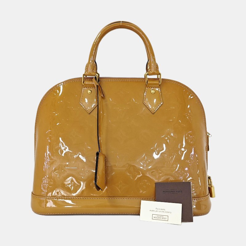 LOUIS VUITTON ALMA小號黃色漆皮老花壓紋貝殼包手提包金色五金-7