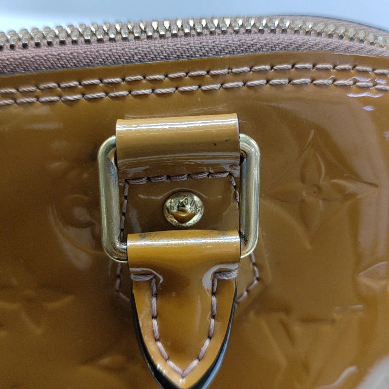 LOUIS VUITTON ALMA小號黃色漆皮老花壓紋貝殼包手提包金色五金-10