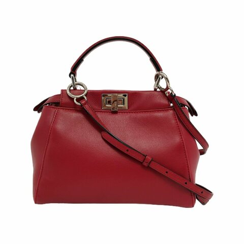 FENDI Peekaboo迷你西瓜紅羊皮單肩包手提包斜挎包金色五金可拆卸肩帶