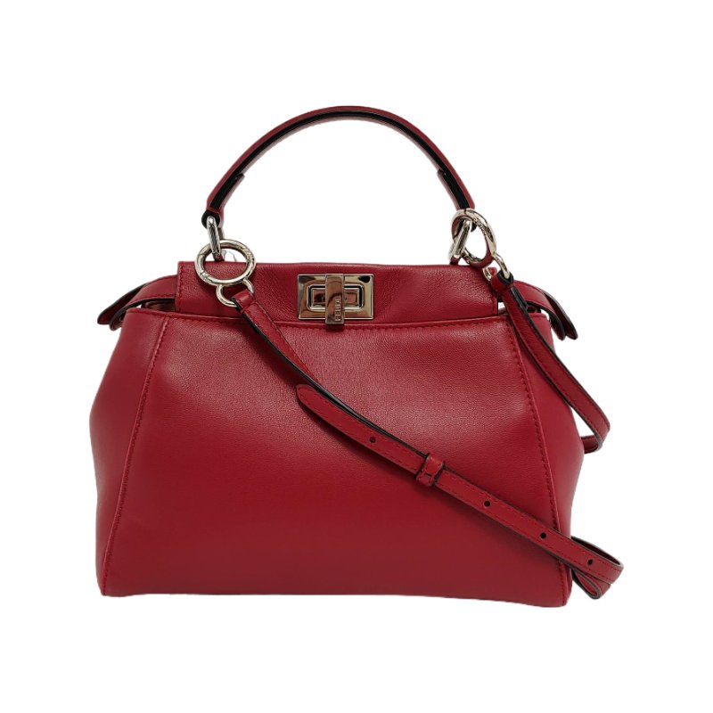 FENDI Peekaboo迷你西瓜紅羊皮單肩包手提包斜挎包金色五金可拆卸肩帶-0