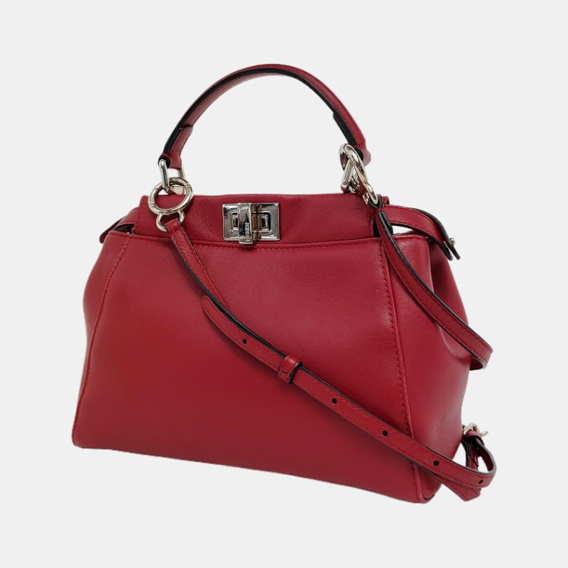 FENDI Peekaboo迷你西瓜紅羊皮單肩包手提包斜挎包金色五金可拆卸肩帶-2