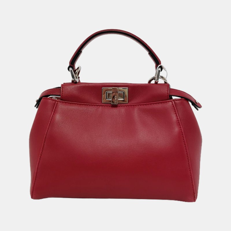 FENDI Peekaboo迷你西瓜紅羊皮單肩包手提包斜挎包金色五金可拆卸肩帶-3