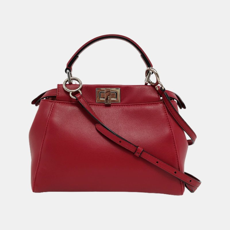 FENDI Peekaboo迷你西瓜紅羊皮單肩包手提包斜挎包金色五金可拆卸肩帶-6