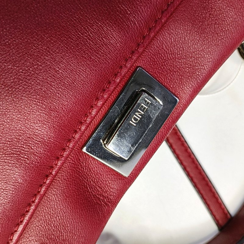 FENDI Peekaboo迷你西瓜紅羊皮單肩包手提包斜挎包金色五金可拆卸肩帶-7