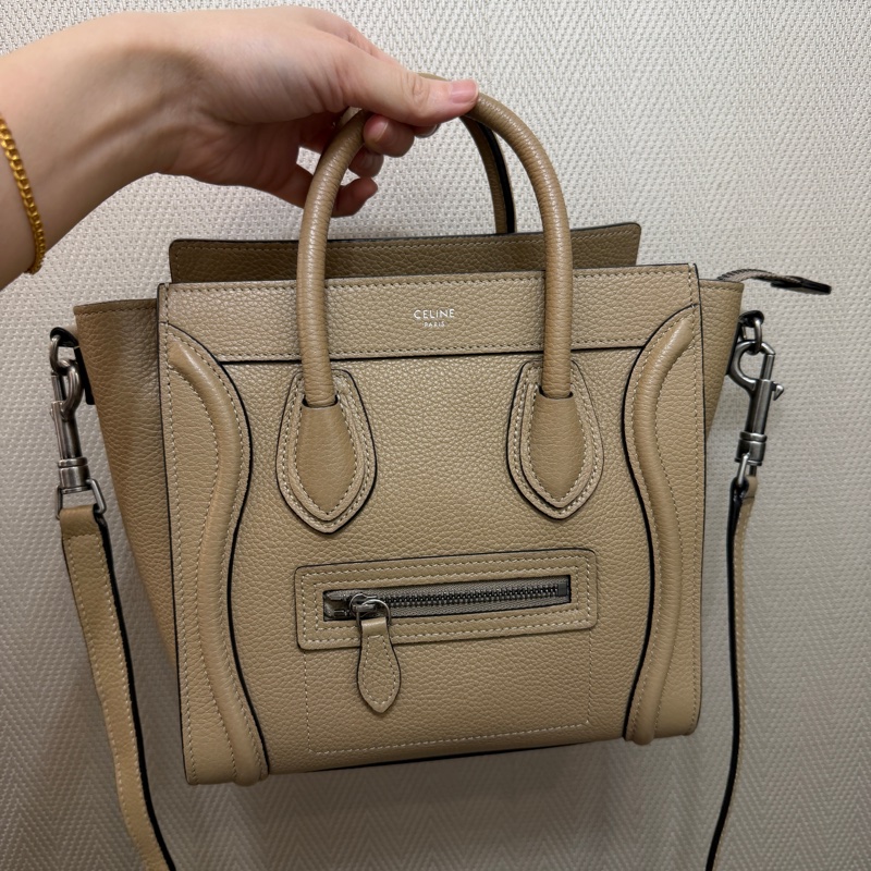 Celine 沙色牛皮霧銀釦Luggage nano手提斜背包-0