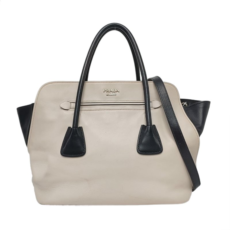 PRADA Canapa 白色牛皮單肩包手提包 銀色五金 可拆卸肩帶-0