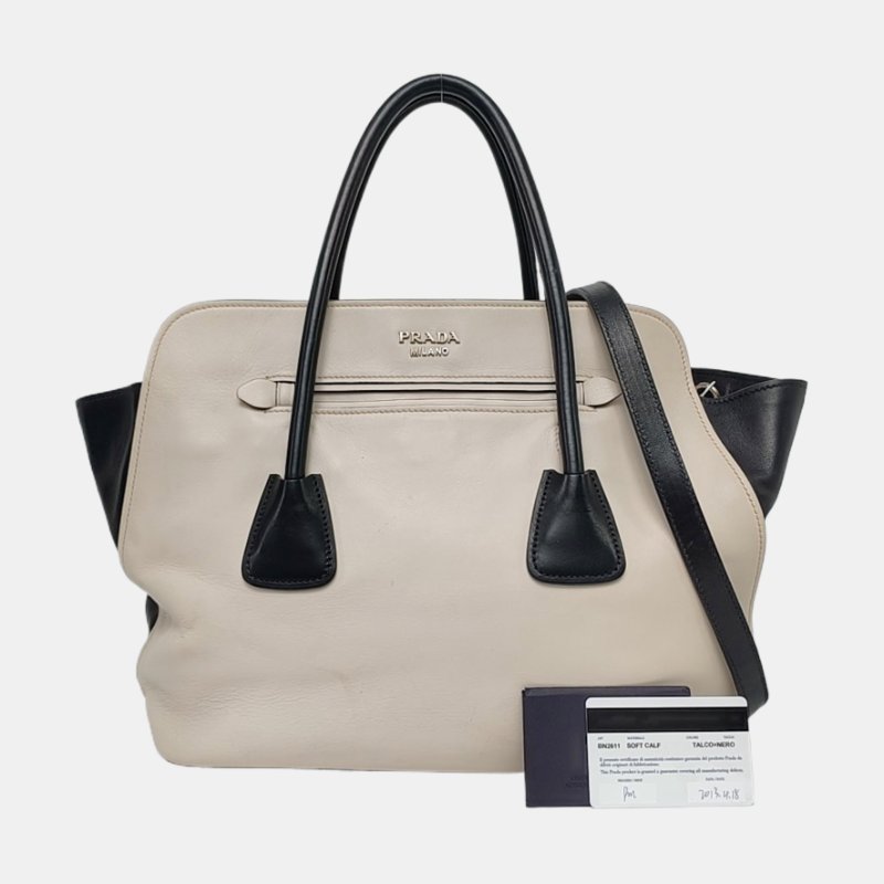 PRADA Canapa 白色牛皮單肩包手提包 銀色五金 可拆卸肩帶-7