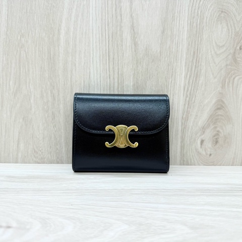 CELINE黑金牛皮凱旋門三折短夾10D783