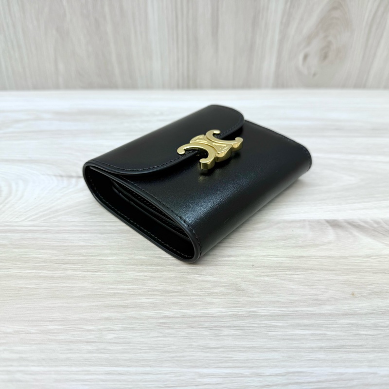 CELINE黑金牛皮凱旋門三折短夾10D783-5