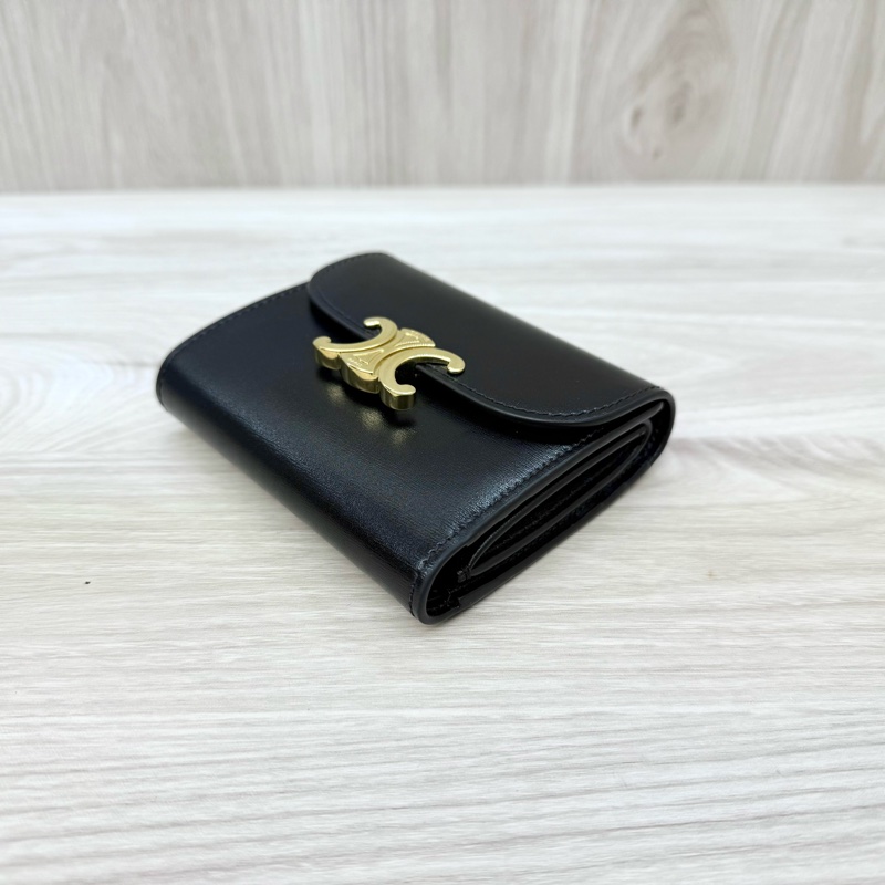 CELINE黑金牛皮凱旋門三折短夾10D783-6
