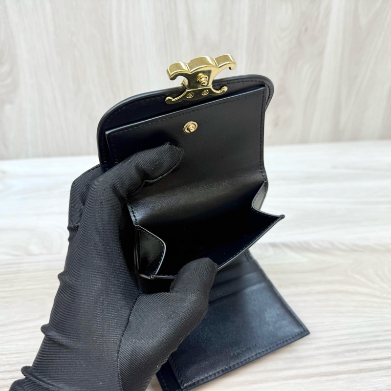 CELINE黑金牛皮凱旋門三折短夾10D783-13