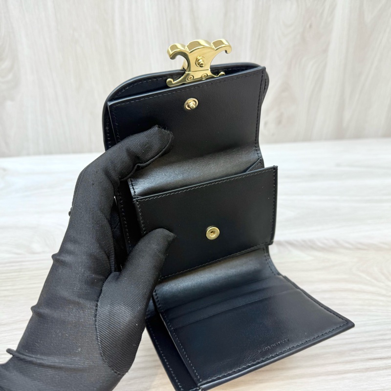 CELINE黑金牛皮凱旋門三折短夾10D783-14