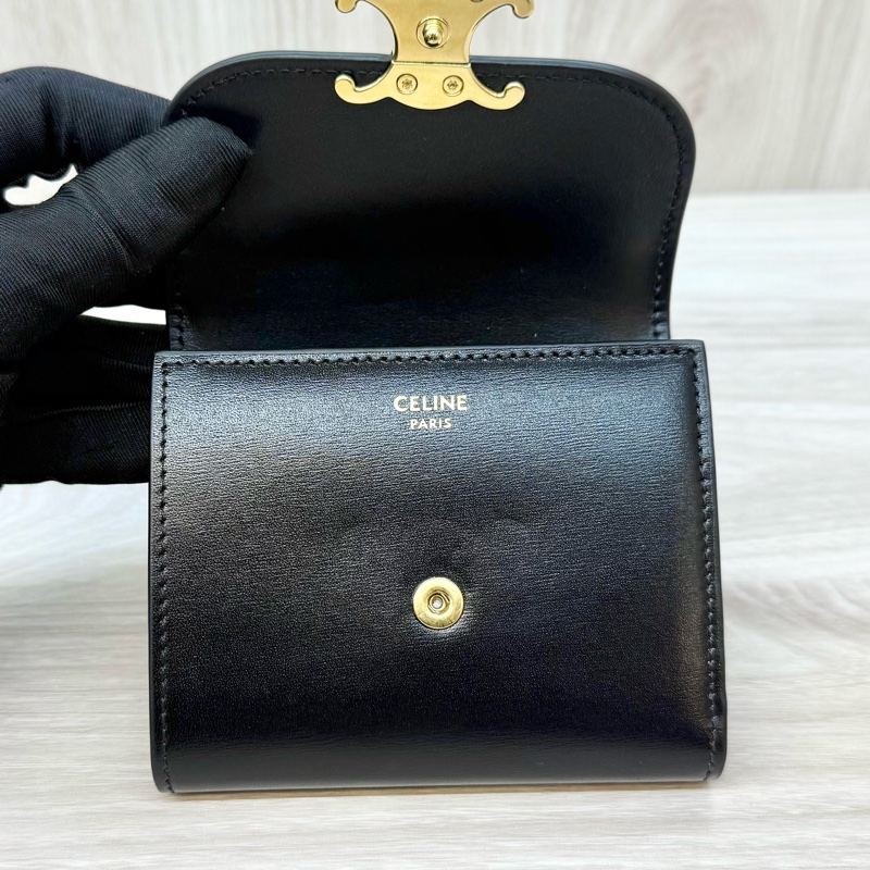 CELINE黑金牛皮凱旋門三折短夾10D783-18