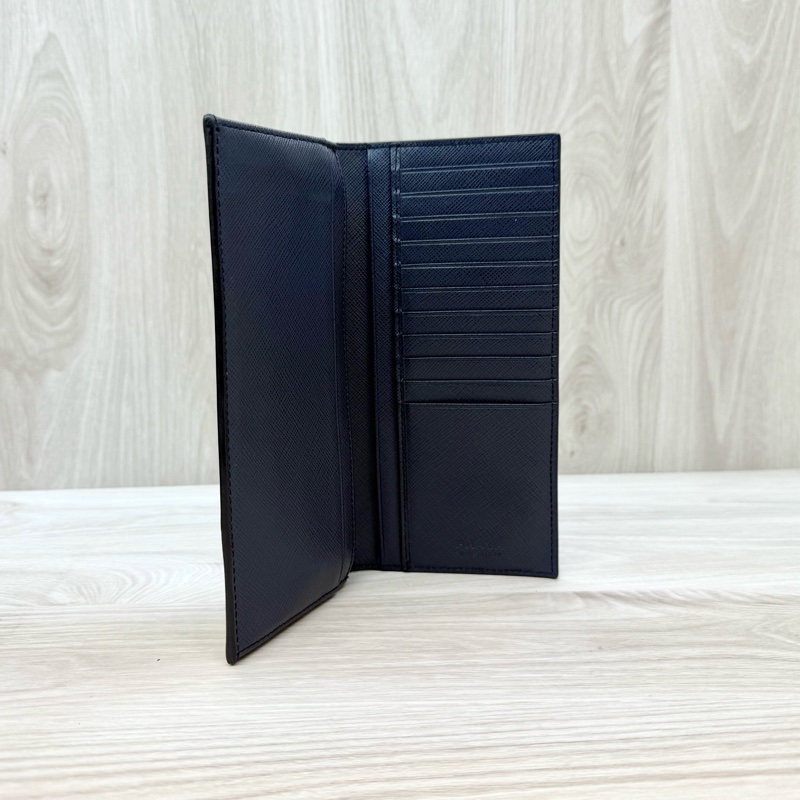 PRADA深藍拼三角橘銀釦Saffiano牛皮13卡對開長夾2MV836-3