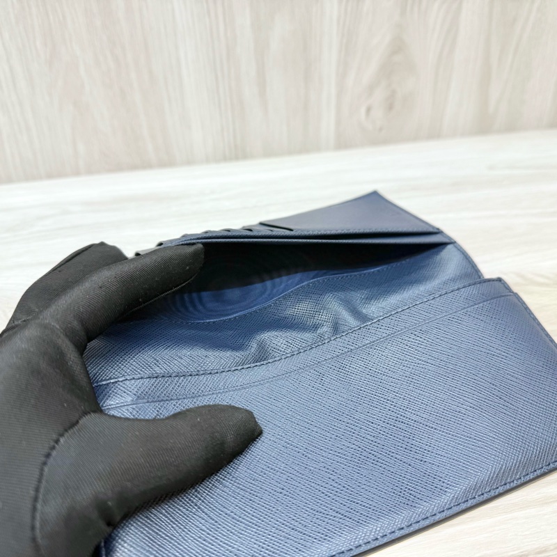 PRADA深藍拼三角橘銀釦Saffiano牛皮13卡對開長夾2MV836-7