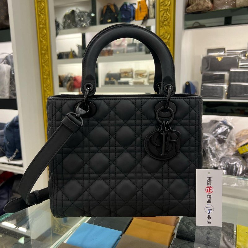 東區正精品㊣CHRISTIAN DIOR LADY 迪奧黑色全皮5格黑色吊飾黑釦拉鍊肩背包手提包黛妃包 RZ4990-0