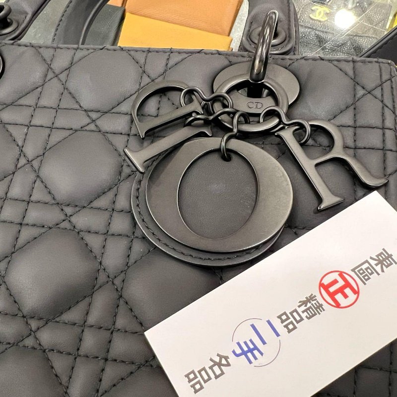 東區正精品㊣CHRISTIAN DIOR LADY 迪奧黑色全皮5格黑色吊飾黑釦拉鍊肩背包手提包黛妃包 RZ4990-6