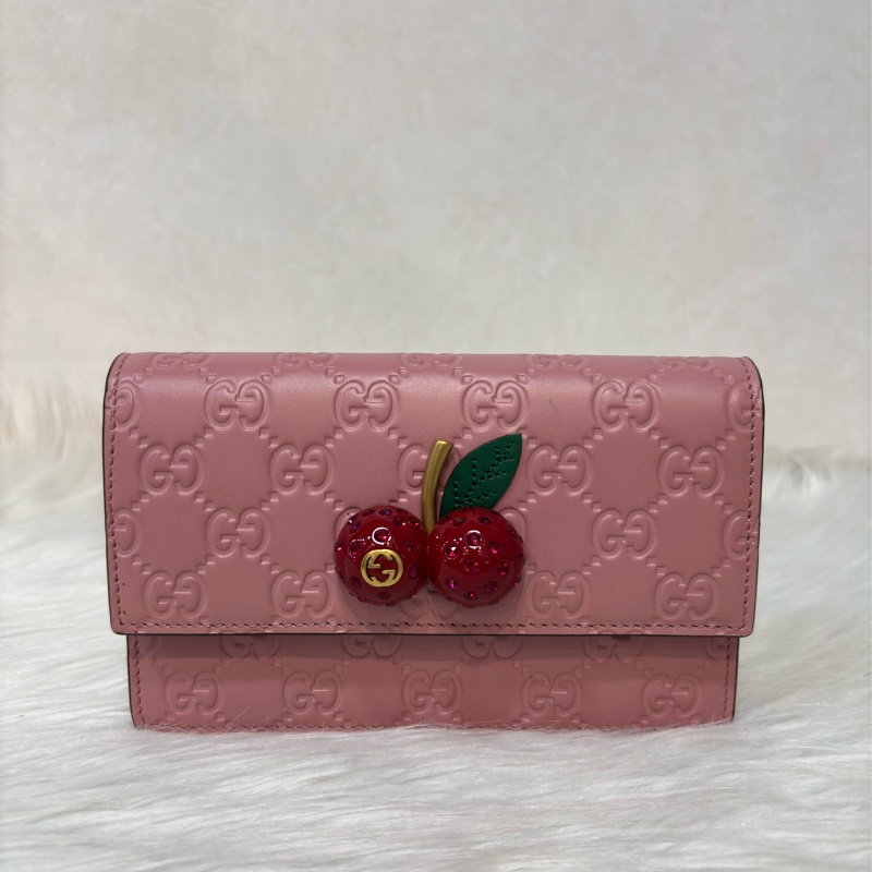 GUCCI 481291 GG Supreme WOC 立體水鑽櫻桃 粉紅色牛皮 肩背包斜背包小廢包手拿包 日本限定-0