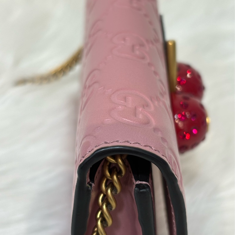 GUCCI 481291 GG Supreme WOC 立體水鑽櫻桃 粉紅色牛皮 肩背包斜背包小廢包手拿包 日本限定-2
