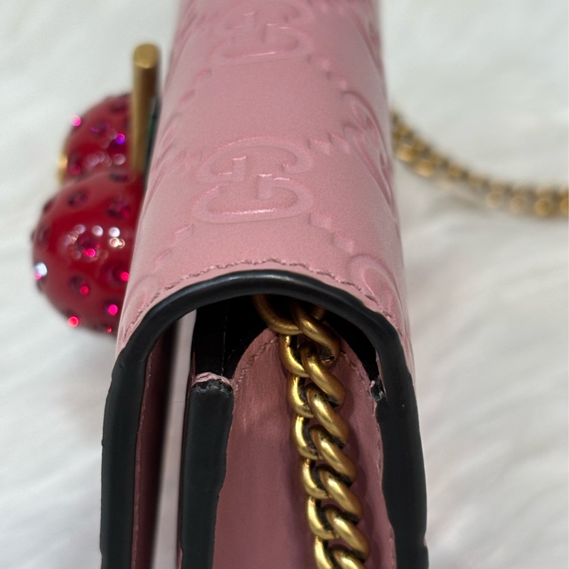 GUCCI 481291 GG Supreme WOC 立體水鑽櫻桃 粉紅色牛皮 肩背包斜背包小廢包手拿包 日本限定-5
