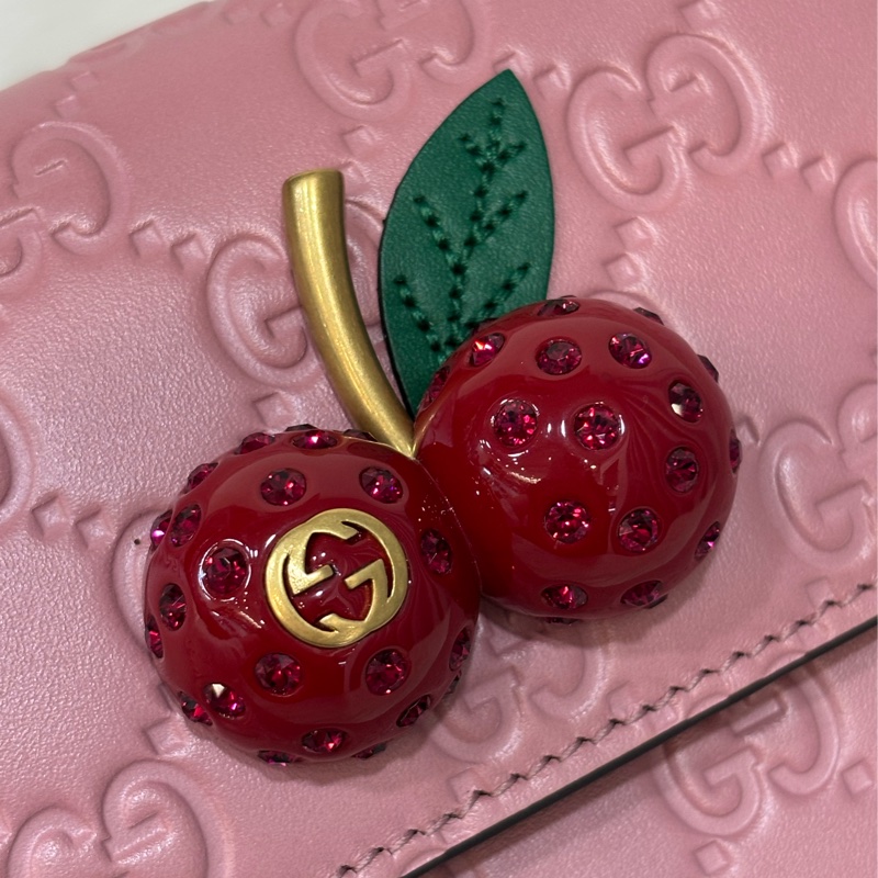 GUCCI 481291 GG Supreme WOC 立體水鑽櫻桃 粉紅色牛皮 肩背包斜背包小廢包手拿包 日本限定-14