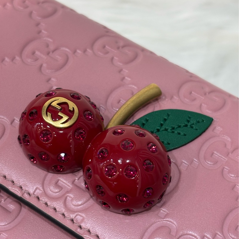 GUCCI 481291 GG Supreme WOC 立體水鑽櫻桃 粉紅色牛皮 肩背包斜背包小廢包手拿包 日本限定-16
