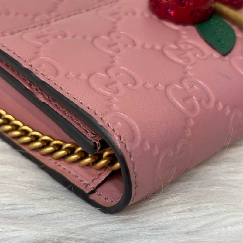 GUCCI 481291 GG Supreme WOC 立體水鑽櫻桃 粉紅色牛皮 肩背包斜背包小廢包手拿包 日本限定-17