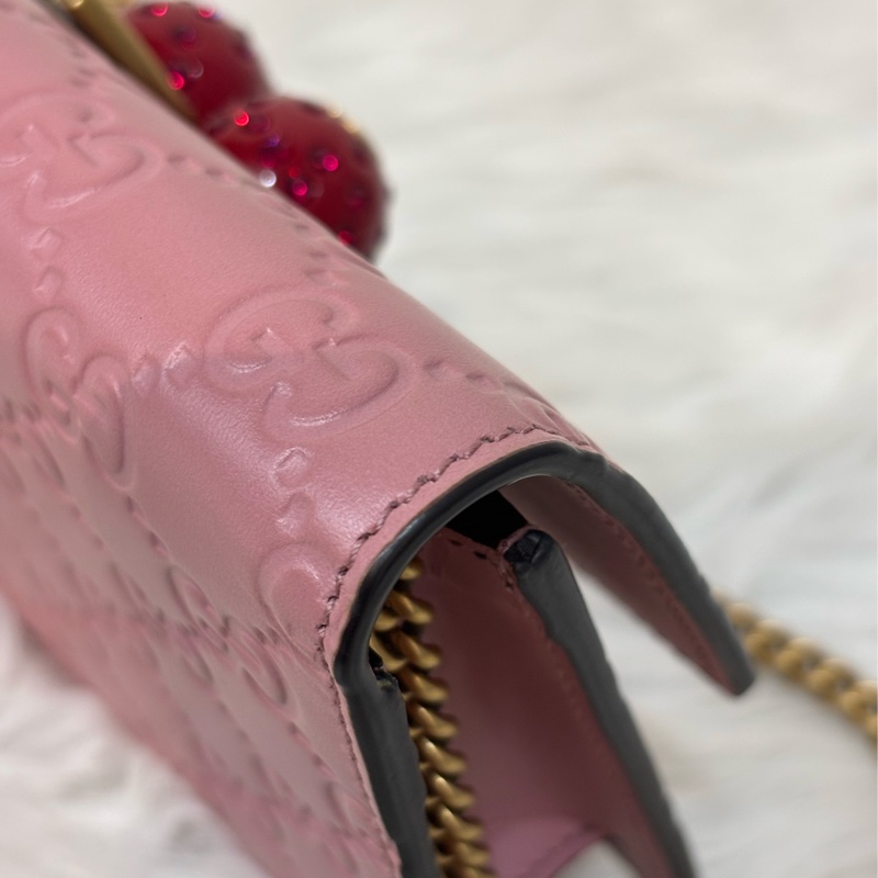 GUCCI 481291 GG Supreme WOC 立體水鑽櫻桃 粉紅色牛皮 肩背包斜背包小廢包手拿包 日本限定-21