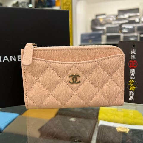 東區正精品㊣CHANEL AP3179 全新香奈兒粉橘色荔枝牛皮金L型拉鍊卡片零錢包 RA1726