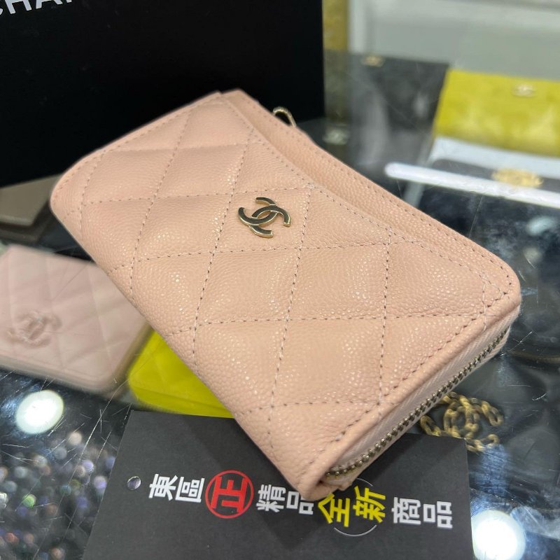 東區正精品㊣CHANEL AP3179 全新香奈兒粉橘色荔枝牛皮金L型拉鍊卡片零錢包 RA1726-6