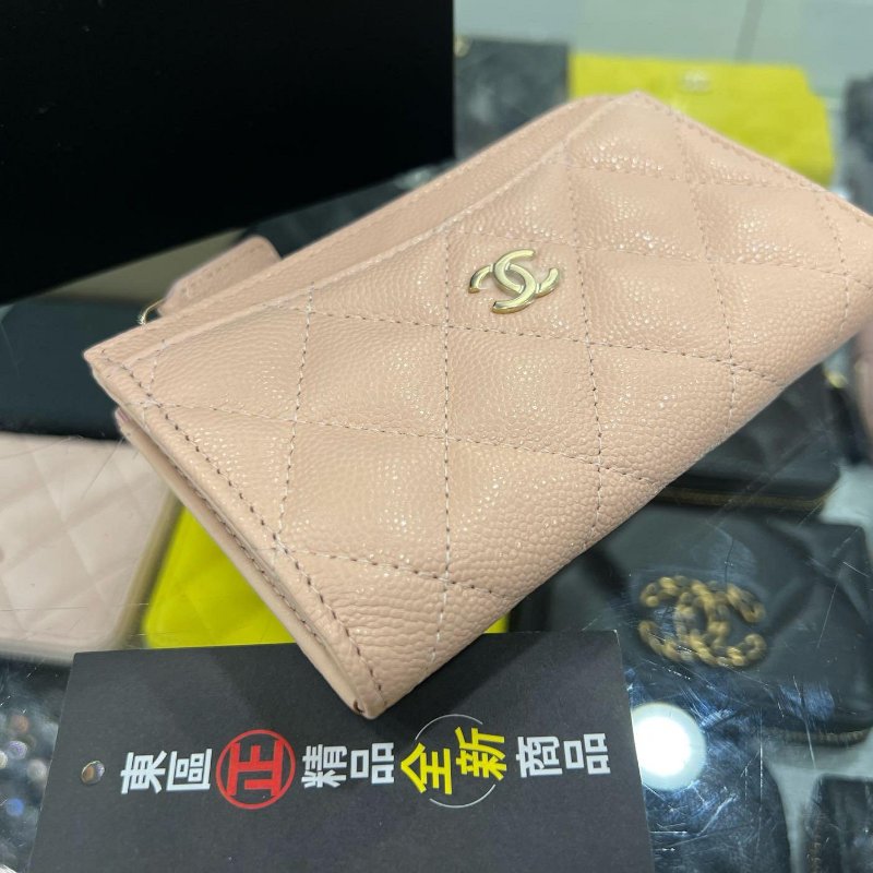 東區正精品㊣CHANEL AP3179 全新香奈兒粉橘色荔枝牛皮金L型拉鍊卡片零錢包 RA1726-7