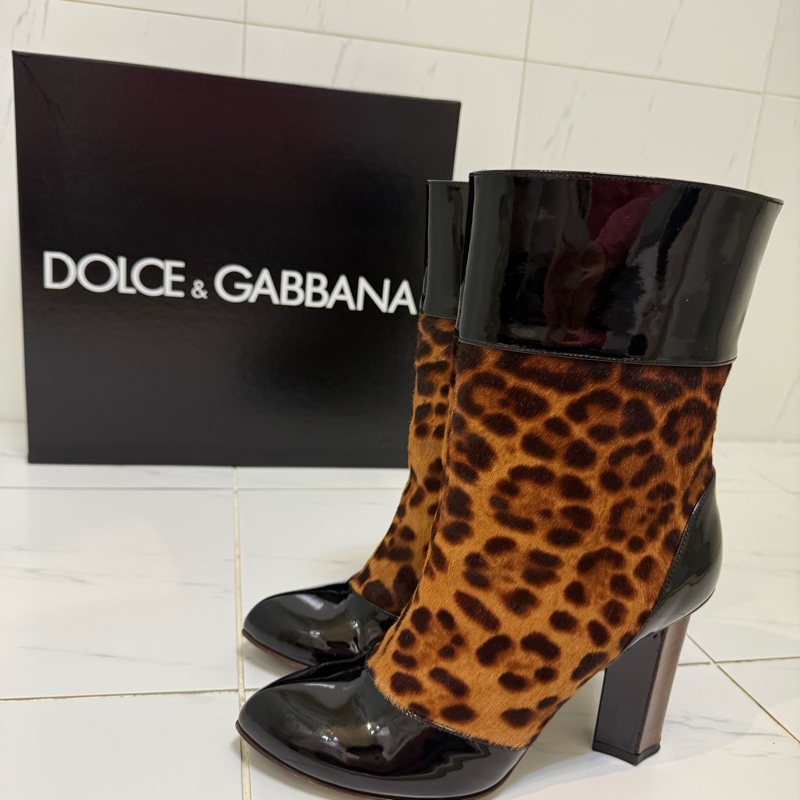 Dolce&Gabbana馬毛豹紋漆皮高跟中筒靴，尺寸39-0