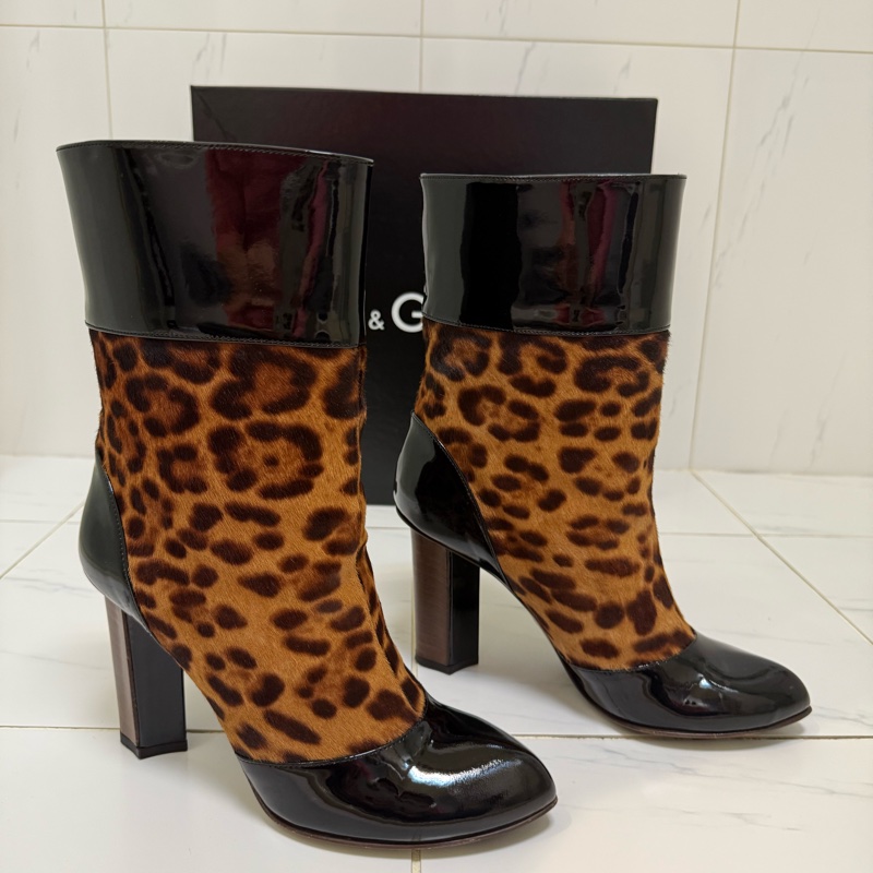 Dolce&Gabbana馬毛豹紋漆皮高跟中筒靴，尺寸39-2