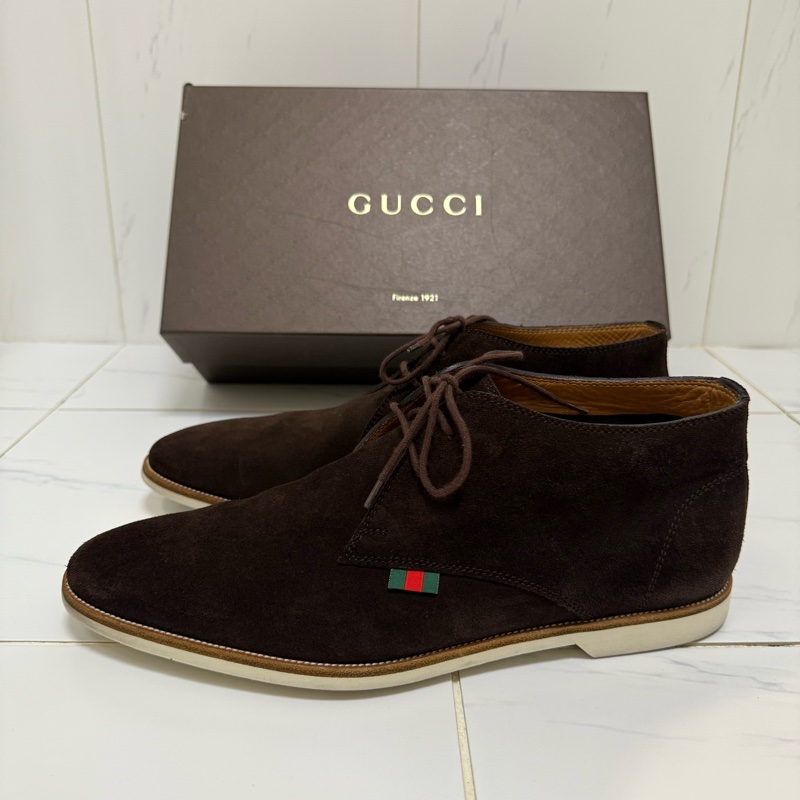 Gucci深咖麂皮綁帶休閒鞋，尺寸9.5-3