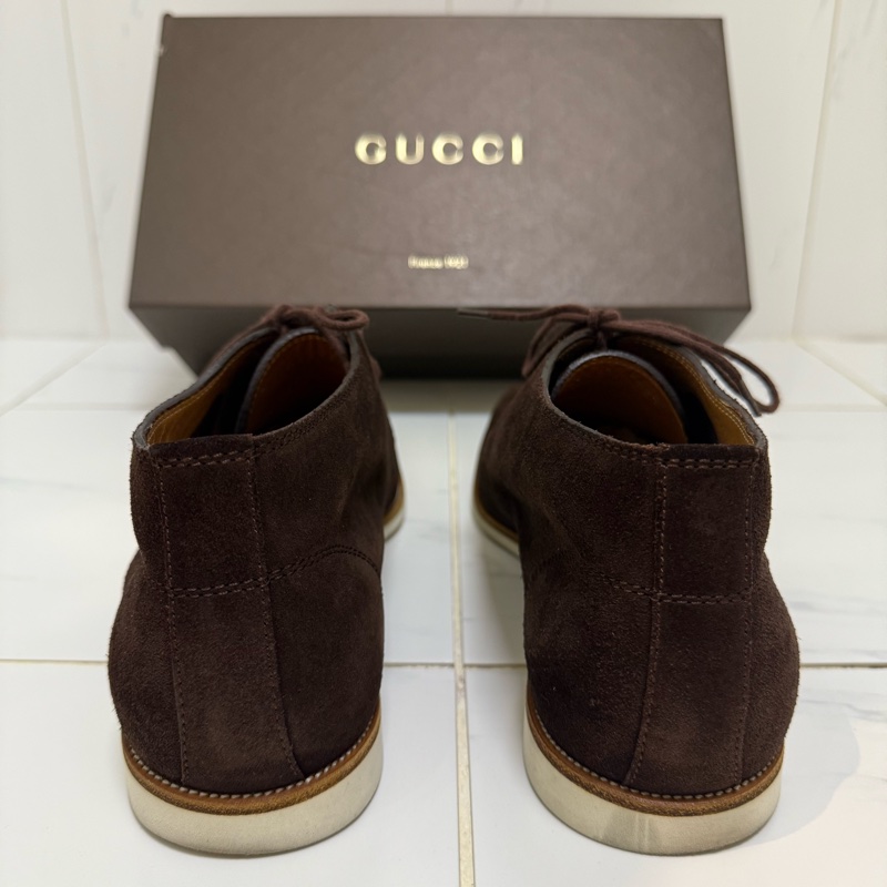 Gucci深咖麂皮綁帶休閒鞋，尺寸9.5-4