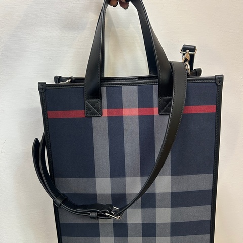 Burberry藍灰格帆布直立式斜背托特包