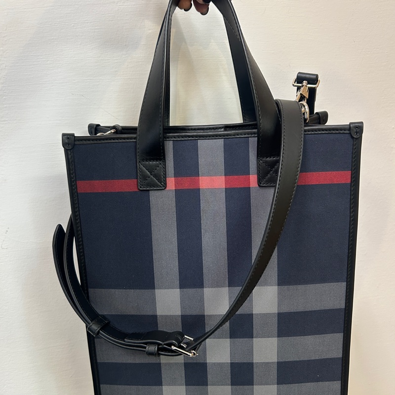 Burberry藍灰格帆布直立式斜背托特包-0