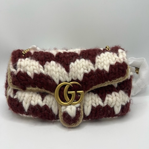 Gucci 古驰 GG Marmont 系列 金标Logo链条肩带千鸟格图案 羊毛 斜挎单肩包 小号